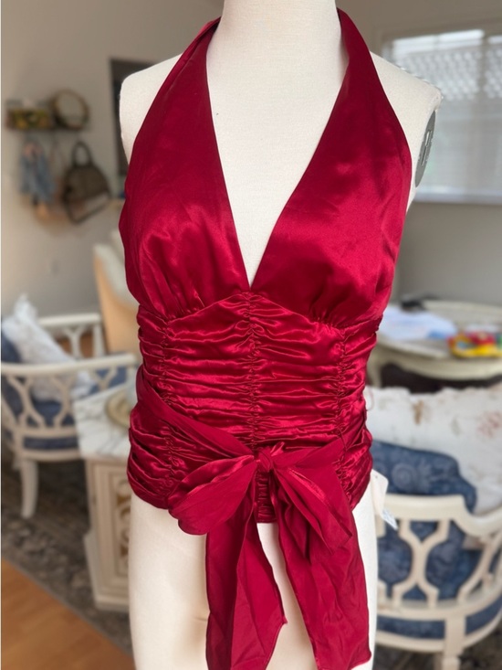 None Tops - Satin Ruched Halter Top in Jewel Red